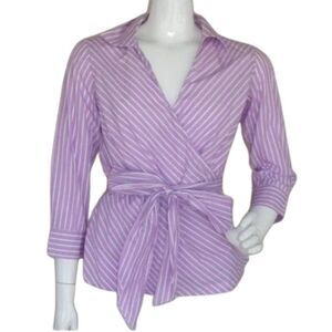 CHAPS Wrap Blouse, M, Purple/White Stripes, Career, 3/4 sleeves, Long Sash Belt